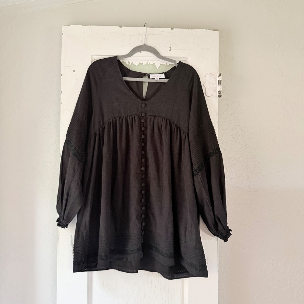 Mable Black Linen Blend Pintuck Lace Babydoll Tunic Top MD2531 Small